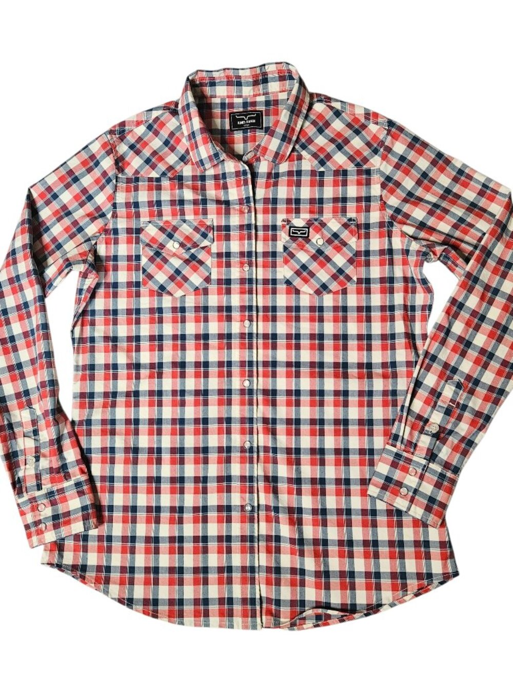 Kimes Ranch Western Shirt Top Womens L Cream/Blue Plaid Clear Snap Pocket Rodeo
